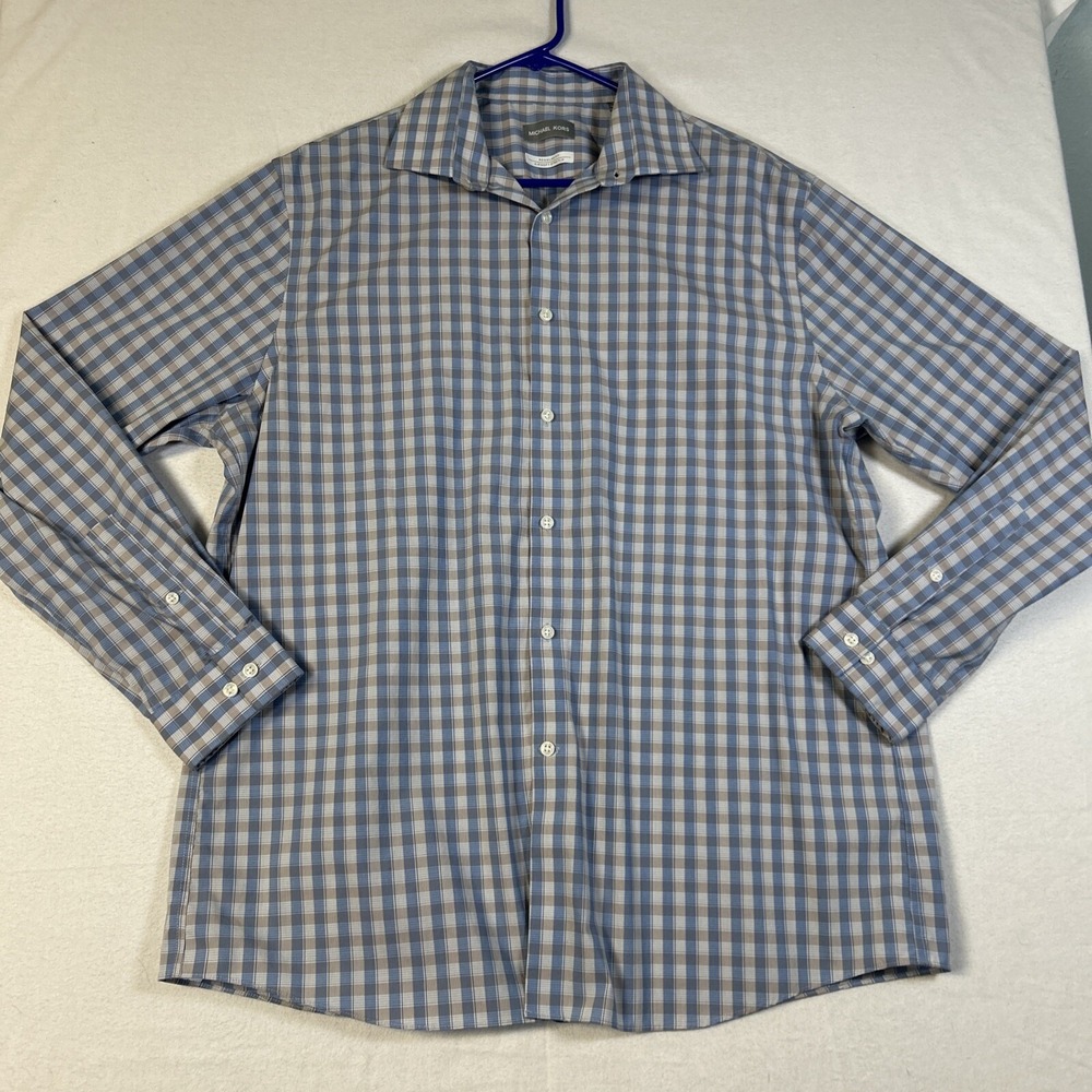 Michael Kors Mens Long Sleeve Shirt Regular Fit 17 34/35 Blue White Plaid XL